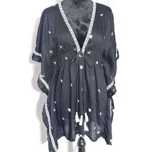 Aviya Batwing Black Top with Tassled Waist, Deep V-neck, Medium